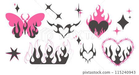 Set Barbed wired Heart with flame y2k gothic tattoo neo tribal, bytterfly punk isolated on white background. Retro 90s decoration, emo symbol. Love, romantic shape. 115240943