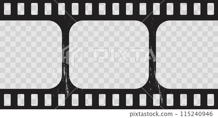 Old cinematic frame, video film strip. Retro vintage tape empty template with slide. Tape border, grunge textured silhuette. Video photo reel on transparent background  115240946