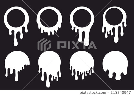 Melt drip circle white paint round splash with drops, liquid shape, stain isolated on dark background. Flowing fluid, slime or cream. 115240947