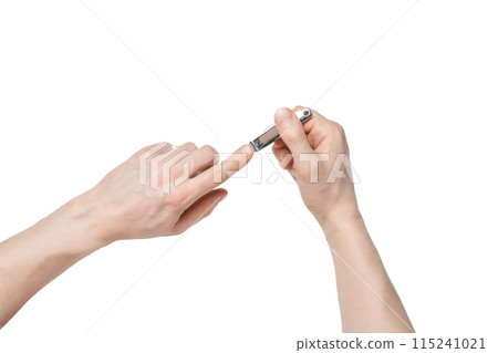 Man do manicure at home. Self hand routine. Male finger procedure. White 115241021