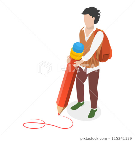 3D Isometric Flat Set of Students Holding Giant Pencil. Item 1 3D Isometric Flat Set of Students Holding Giant Pencil. Item 1 115241159