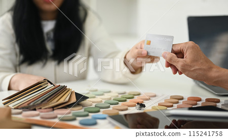 Cropped shot of female costumer making payment with credit card with contractor for services Cropped shot of female costumer making payment with credit card with contractor for services 115241758