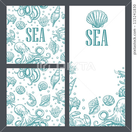 Template for greeting card and seamless pattern. Sea shell, octopus 115241830