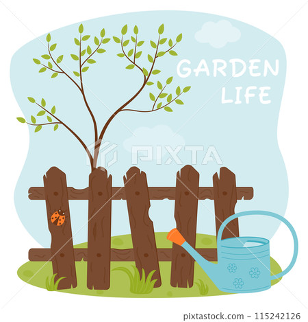 A composition of a garden watering can, a fence, a tree with leaves and a ladybug. Agricultural tools. Garden life. Vector illustration on a background of sky and grass. A composition of a garden watering can, a fence, a tree with leaves and a ladybug. Agricultural tools. Garden life. Vector illustration on a background of sky and grass. 115242126