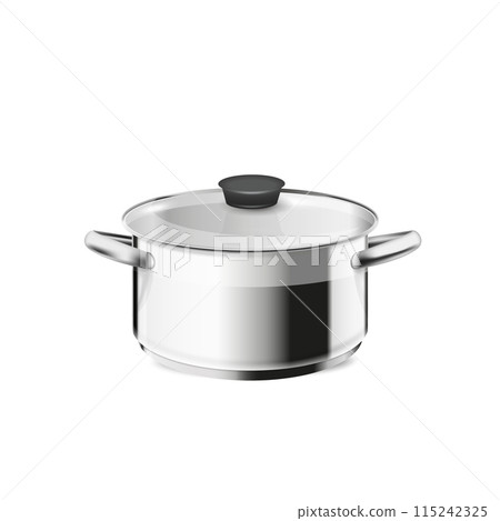 Vector realistic mockup of empty steel frying pan with handle and lid. Stainless steel cookware isolated on white background. Vector realistic mockup of empty steel frying pan with handle and lid. Stainless steel cookware isolated on white background. 115242325