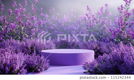 Purple podium surrounded by blooming lavender flowers in a soft, serene setting. Generated AI. Purple podium surrounded by blooming lavender flowers in a soft, serene setting. Generated AI. 115242344
