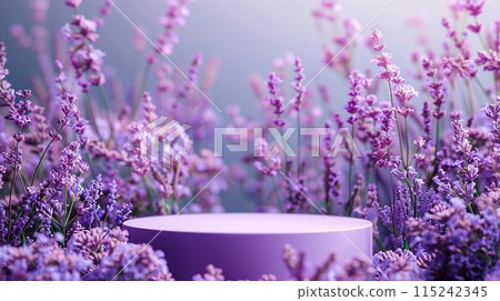 Purple podium surrounded by blooming lavender flowers in a soft, serene setting. Generated AI. Purple podium surrounded by blooming lavender flowers in a soft, serene setting. Generated AI. 115242345