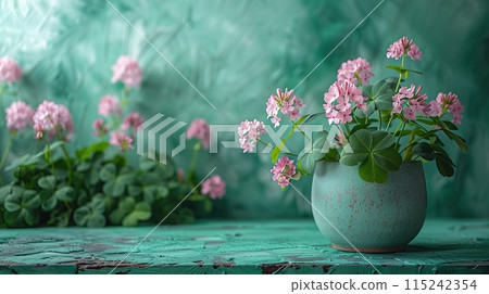 Green podium surrounded by pink clover flowers and clover leaves in a soft, natural setting. Generated AI. 115242354