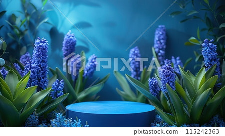 Blue podium surrounded by blooming hyacinths and lush green leaves in a tranquil, natural setting. Generated AI. 115242363