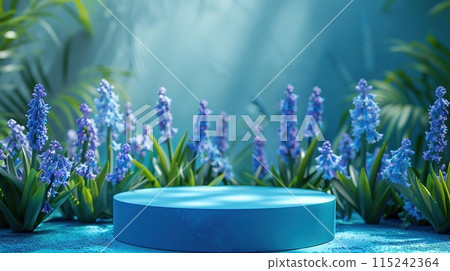 Blue podium surrounded by blooming hyacinths and lush green leaves in a tranquil, natural setting. Generated AI. 115242364