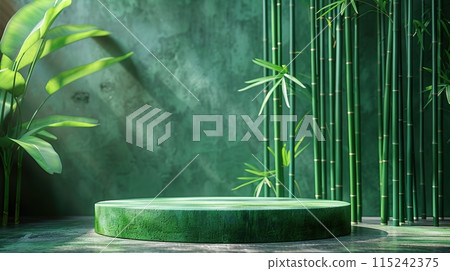 Green podium surrounded by lush bamboo plants and foliage, creating a serene display area. Generated AI. Green podium surrounded by lush bamboo plants and foliage, creating a serene display area. Generated AI. 115242375