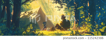 Tent camp in the forest, Boy Scouts and Girl Scouts survive in the forest, banner illustration Tent camp in the forest, Boy Scouts and Girl Scouts survive in the forest, banner illustration 115242386