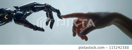 Human hand meets cyberman android hand, comparison of artificial intelligence and human, banner 115242388