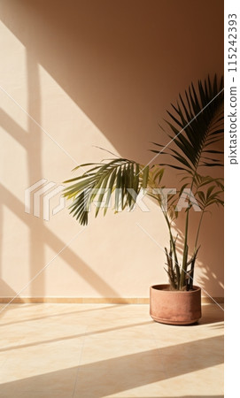 Empty wall with shadow from plants, home flower in pot near wall Empty wall with shadow from plants, home flower in pot near wall 115242393