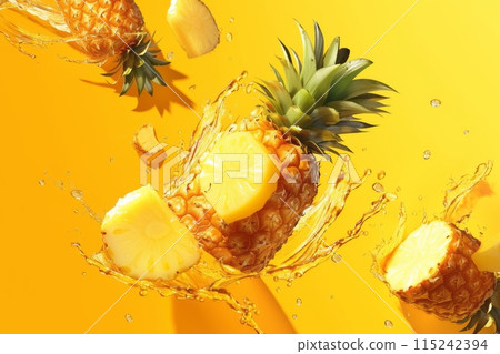 Fresh ripe sliced pineapple in splashes of water, healthy fruit 115242394