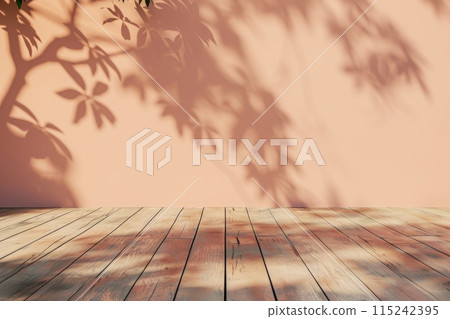 Empty wall with shadow from plants in peach pastel colors 115242395