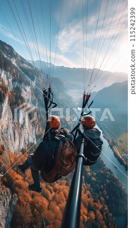 Happy paragliders flying on a paraglider, aerial view of flying paragliders 115242399