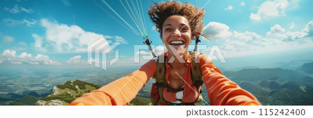Happy paragliders flying on a paraglider, experienced pilots smiling at the camera, banner Happy paragliders flying on a paraglider, experienced pilots smiling at the camera, banner 115242400
