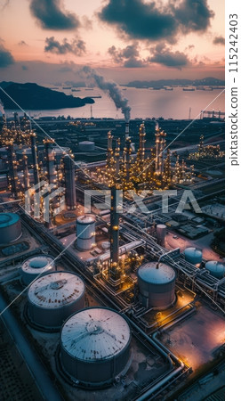 Oil and gas refinery with oil storage tanks and petrochemical plant infrastructure 115242403