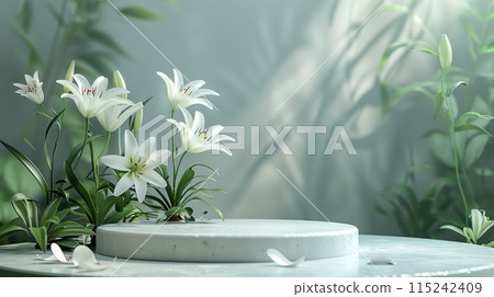 White podium surrounded by blooming white lilies in a softly lit, serene environment. Generated AI. 115242409