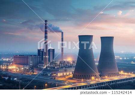 View from afar of a nuclear power plant, operating nuclear reactors against the backdrop of nature, peaceful atom View from afar of a nuclear power plant, operating nuclear reactors against the backdrop of nature, peaceful atom 115242414