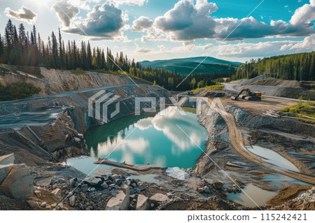 Gold mining, open pit with waste sand and earth for gold ore mining, mining of minerals and ores and precious metals Gold mining, open pit with waste sand and earth for gold ore mining, mining of minerals and ores and precious metals 115242421