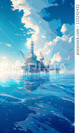 Offshore platform illustration, oil and gas production in ocean or sea, gas and oil production industry, offshore drilling rig 115242432