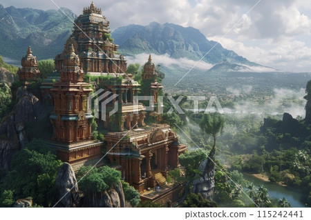 Majestic Hindu temple with jungle and mountains in the background Majestic Hindu temple with jungle and mountains in the background 115242441