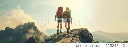 Couple of young people hiking on top of a mountain, traveling to the mountains, banner Couple of young people hiking on top of a mountain, traveling to the mountains, banner 115242442