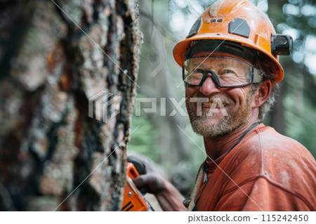 Male lumberjack woodcutter in safety glasses and a helmet with a saw in his hands against the background of a cut tree 115242450