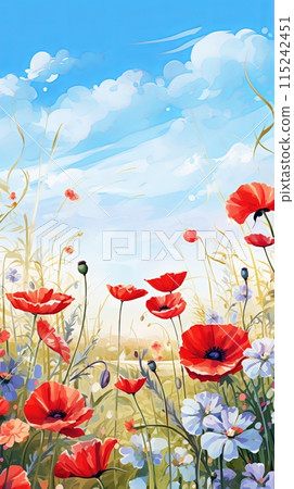 Summer wild field with wildflowers daisies and cornflowers and poppies in the rays of the sun Summer wild field with wildflowers daisies and cornflowers and poppies in the rays of the sun 115242451