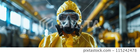 A worker in a yellow protective suit and gas mask checks for a chemical leak at a chemical factory A worker in a yellow protective suit and gas mask checks for a chemical leak at a chemical factory 115242478