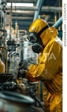 A worker in a yellow protective suit and gas mask checks for a chemical leak at a chemical factory A worker in a yellow protective suit and gas mask checks for a chemical leak at a chemical factory 115242479
