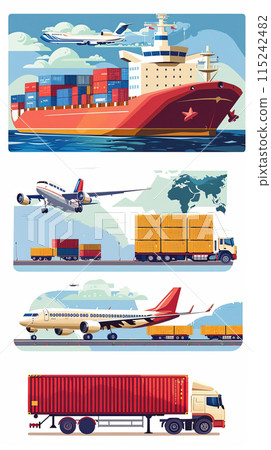 Freight transport, cargo transportation of goods by sea, rail, land and air, transportation and logistics illustration 115242482