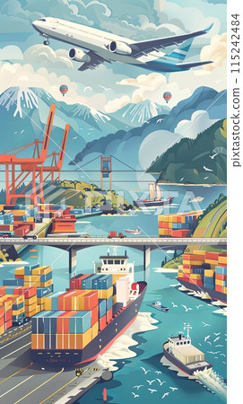 Freight transport, cargo transportation of goods by sea, rail, land and air, transportation and logistics illustration 115242484