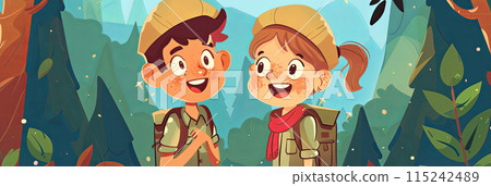 Boy scouts and girl scouts in uniform in the forest near the tents, survival in the forest, banner illustration Boy scouts and girl scouts in uniform in the forest near the tents, survival in the forest, banner illustration 115242489