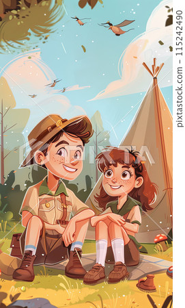 Boy scouts and girl scouts in uniform in the forest near the tents, survival in the forest, banner illustration Boy scouts and girl scouts in uniform in the forest near the tents, survival in the forest, banner illustration 115242490