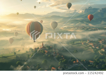 Top view of green landscape and mountain valleys and colorful hot air balloons flying in the sky 115242492