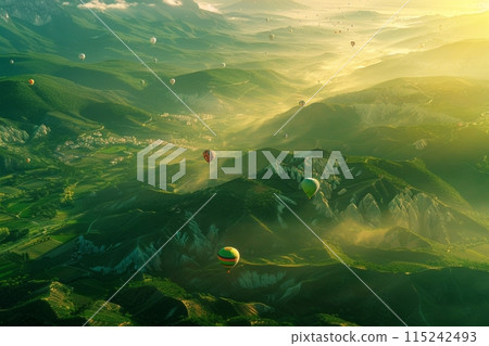 Top view of green landscape and mountain valleys and colorful hot air balloons flying in the sky 115242493