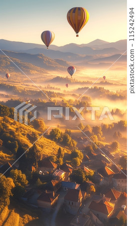 Top view of green landscape and mountain valleys and colorful hot air balloons flying in the sky Top view of green landscape and mountain valleys and colorful hot air balloons flying in the sky 115242494