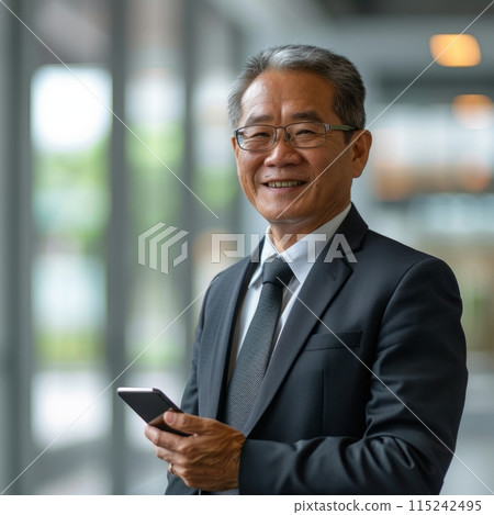 Smiling Asian businessman 50-60 years old, active business man against the background of his office Smiling Asian businessman 50-60 years old, active business man against the background of his office 115242495
