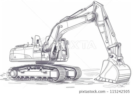 Schematic technical line drawing of an excavator with a bucket on a white background 115242505