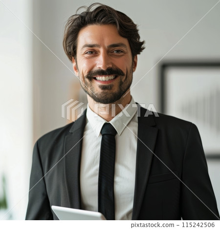 Smiling European businessman 20-30 years old, active business man against the background of his office 115242506
