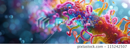 Colorful multicolored enzymes on a dark blurred background, enzymes to speed up a chemical reaction, banner 115242507