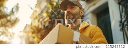Delivery of goods and parcels, the delivery man holding cardboard box, banner 115242512