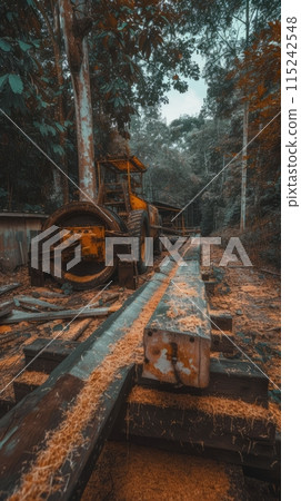 Sawmill, sawmill buildings with equipment with logs in the forest 115242548