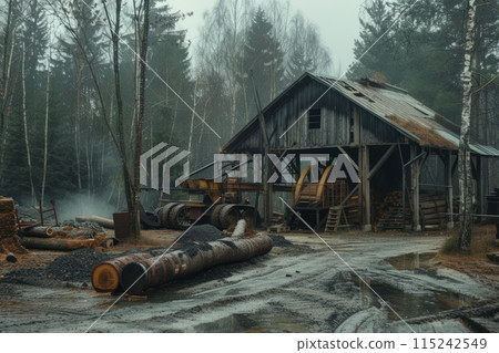 Sawmill, sawmill buildings with equipment with logs in the forest 115242549