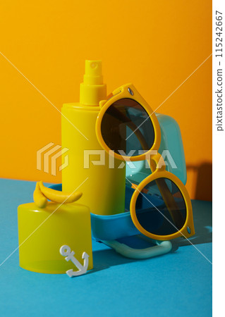 Concept of summer vacation, suitcase and other accessories. Concept of summer vacation, suitcase and other accessories. 115242667