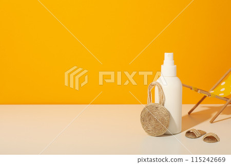 Means for safe tanning, on the background of the sea, flatlay. Means for safe tanning, on the background of the sea, flatlay. 115242669