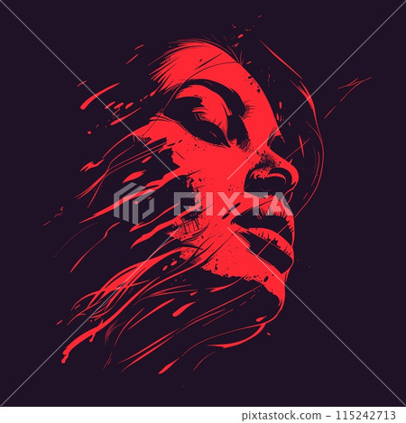 Beautiful woman face with red lips on dark background. Vector illustration. 115242713